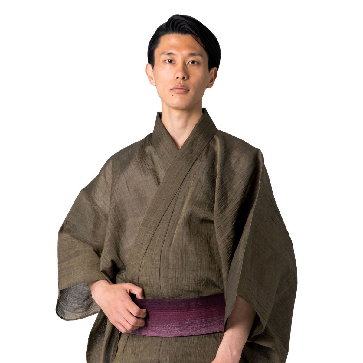 メンズ浴衣 夏着物 小千谷ちぢみ 本麻 茶 仕立て代込