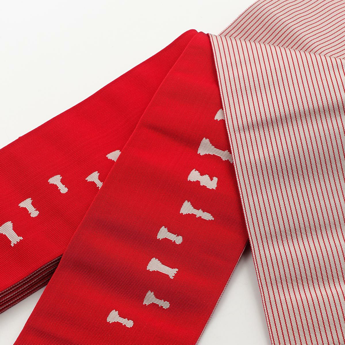 角帯 正絹 博多織物 チェス 赤×生成