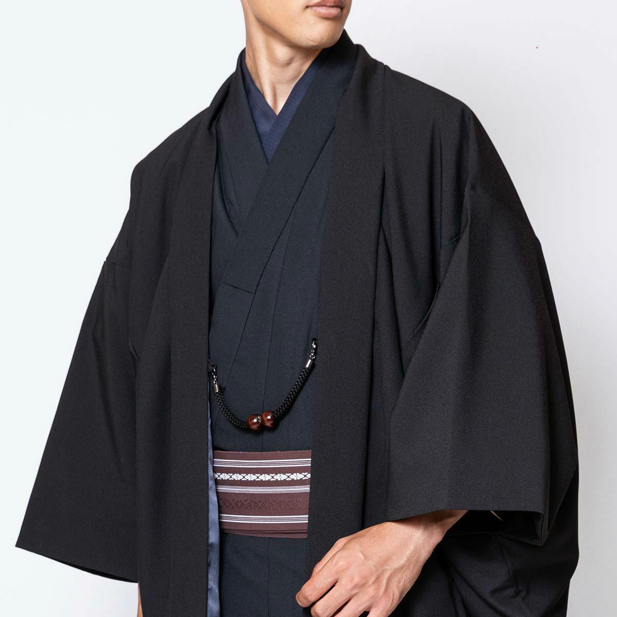 男羽織 洗える 袷 ちりめん 黒 M～LL