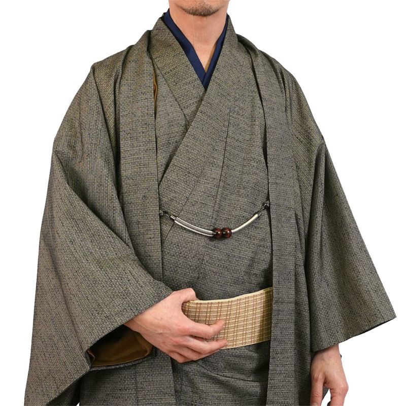 着物と羽織のアンサンブル 正絹 信州紬 袷 網代 薄茶