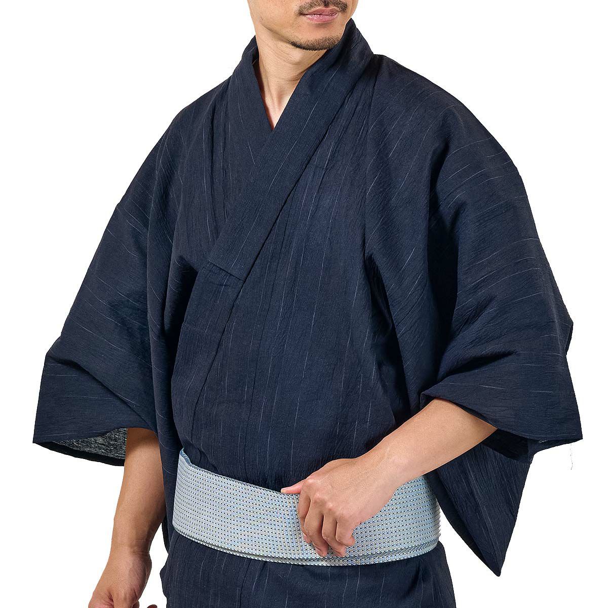メンズ浴衣 単品 近江ちぢみ綿麻 かすれ縞 濃紺 165cm～185cm前後対応