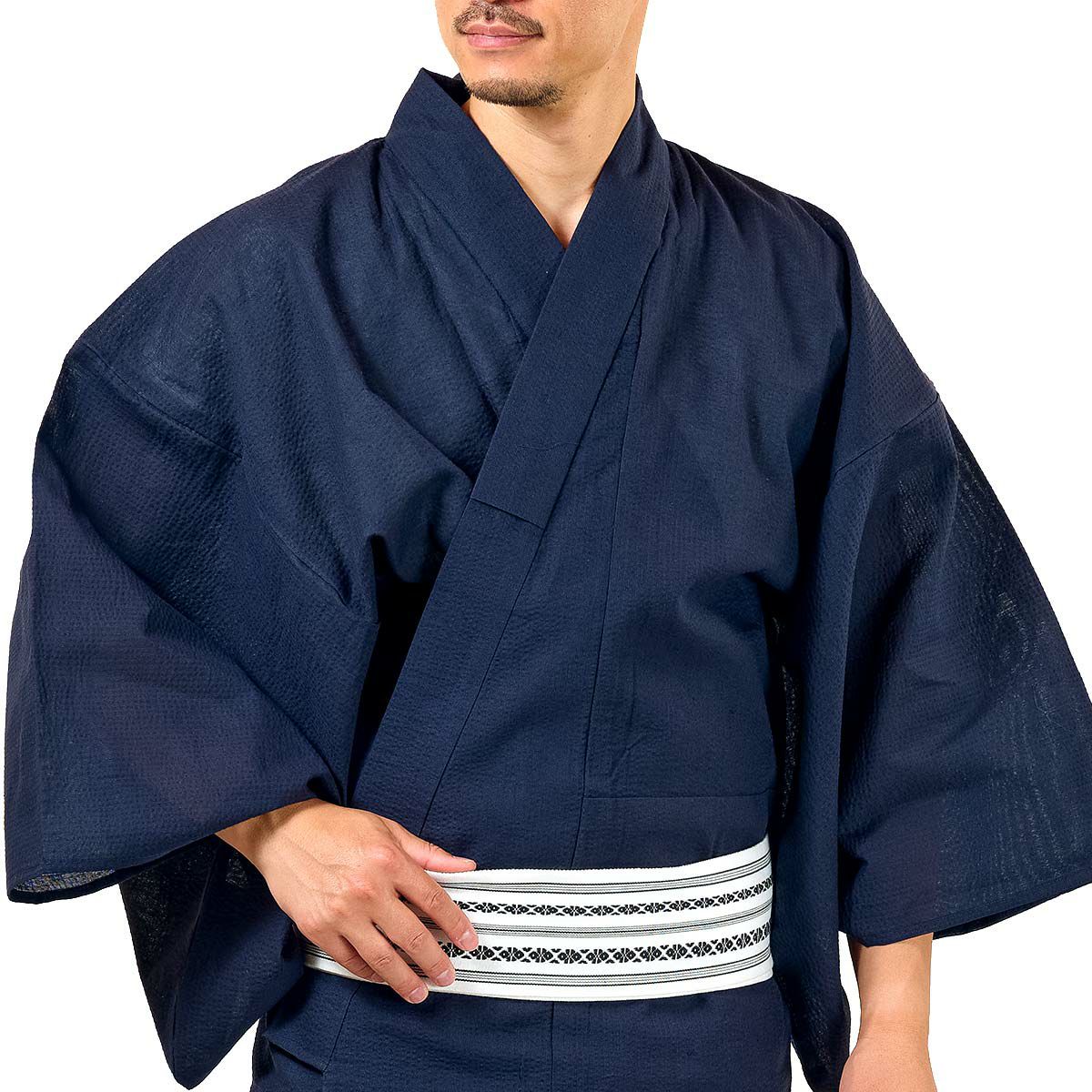 メンズ浴衣 単品 しじら 綿麻 無地 紺 165cm～185cm前後対応 M～LL  