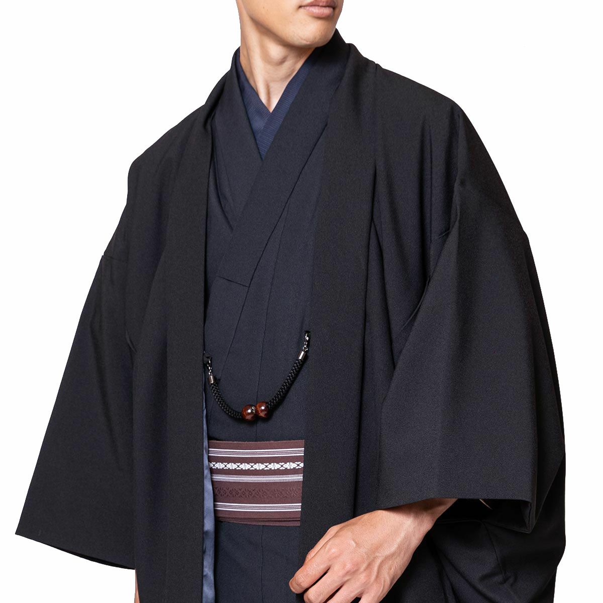 男羽織 洗える 袷 ちりめん 黒 3L