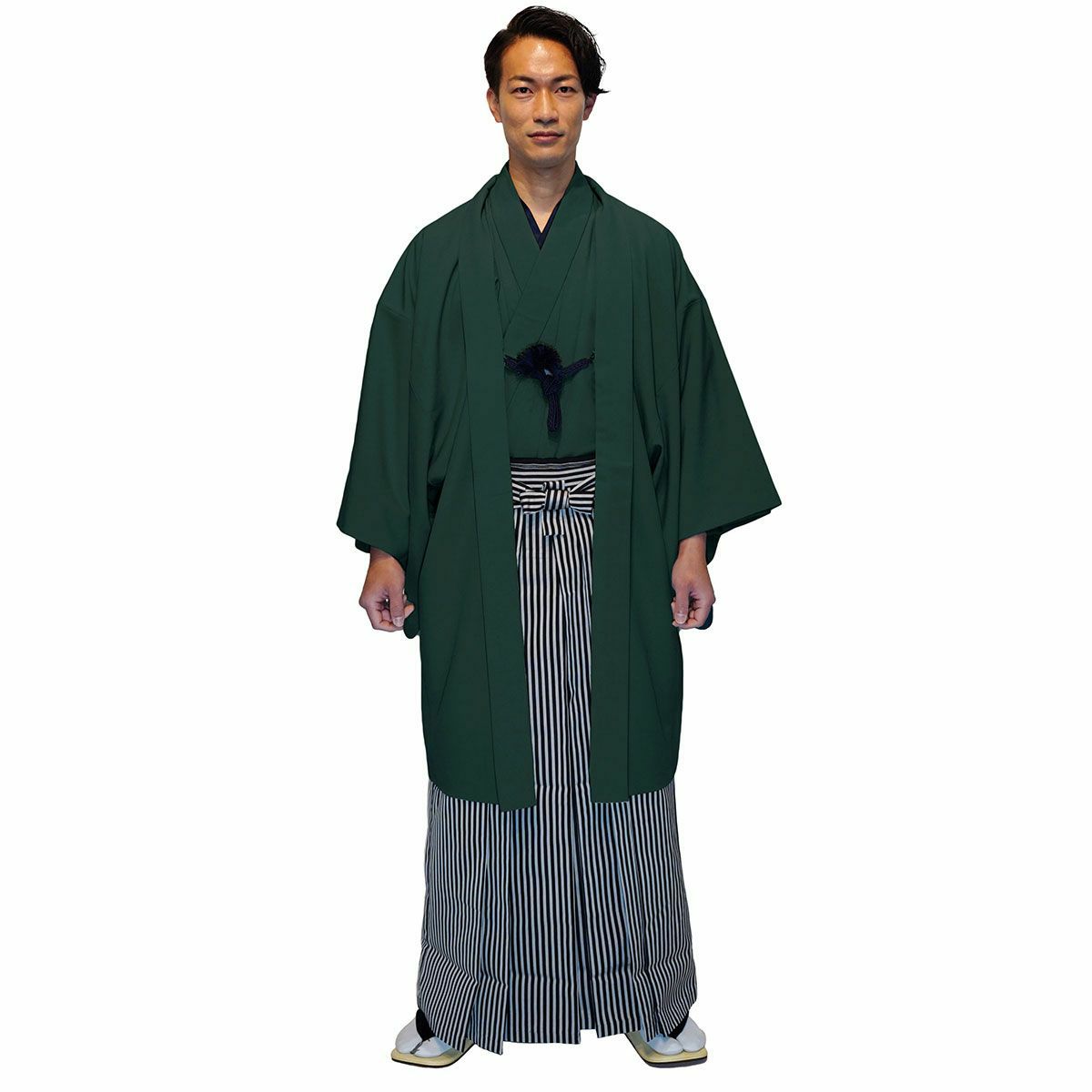 袴付きの男着物11点フルセット 洗える着物 ちりめん 深緑 3L