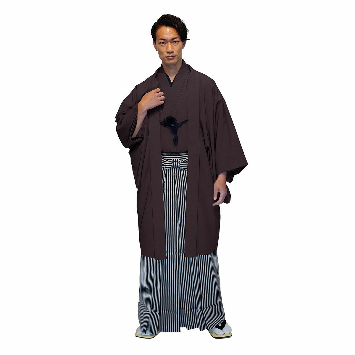 袴付きの男着物11点フルセット 洗える着物 ちりめん 焦げ茶 3L