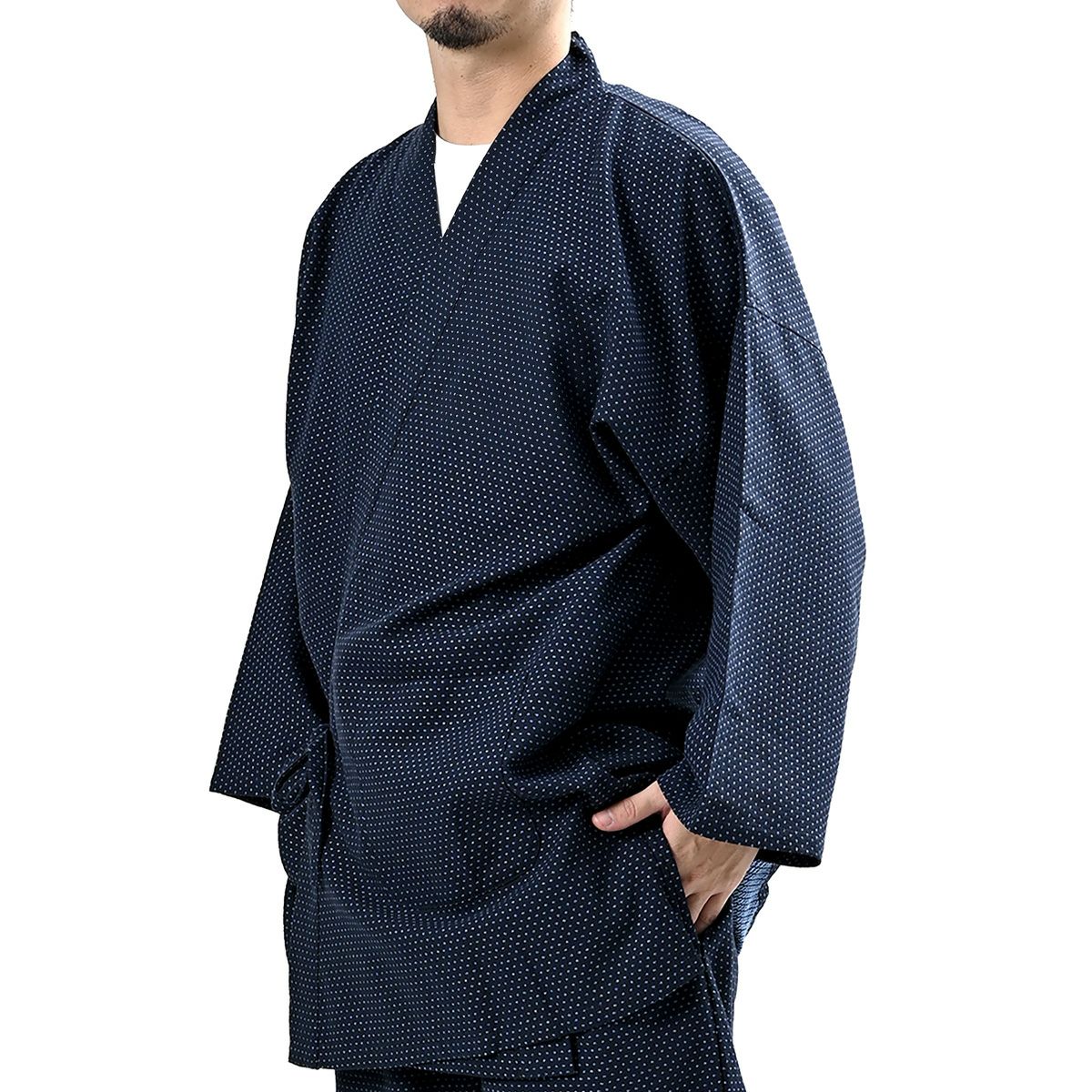 作務衣 男物 綿 水玉 紺 | 男着物の加藤商店《公式》