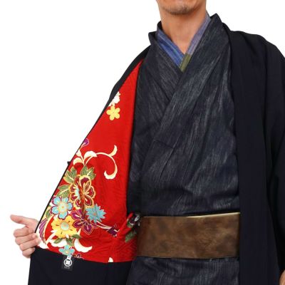 すぐに着られる男羽織 正絹 濃紺 振袖柄 M