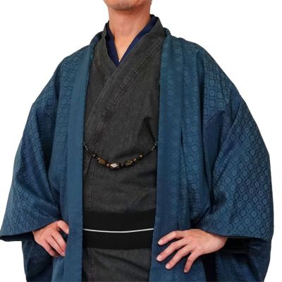洗える羽織#ジャガード織り#濃紺✕白#草花模様#日本製生地#長羽織 （男 