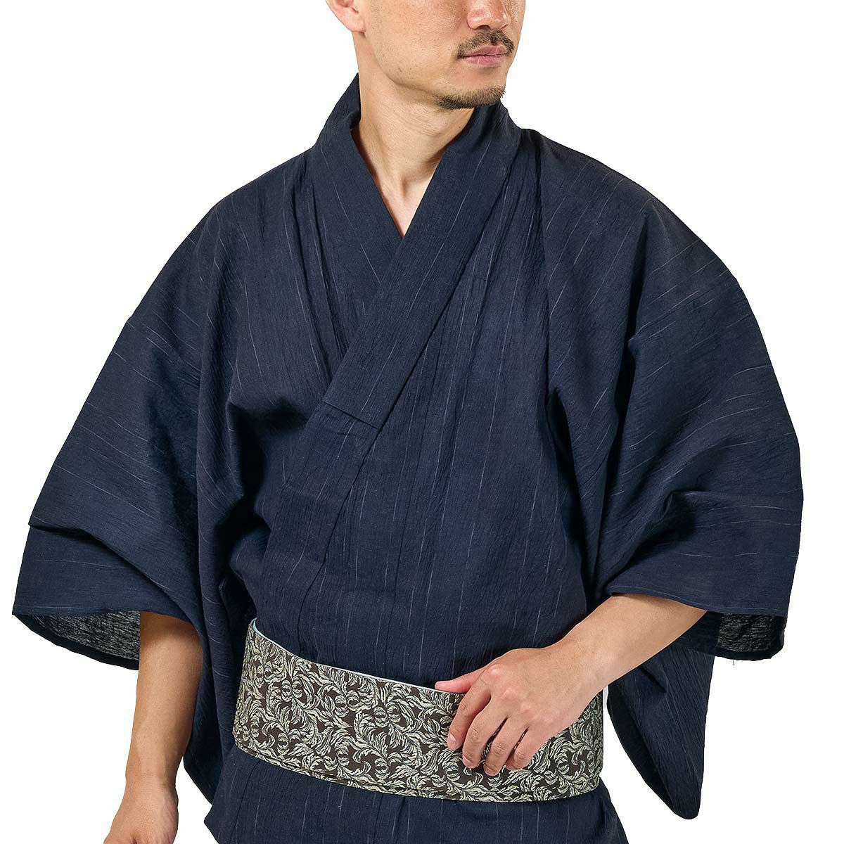 メンズ浴衣 単品 大きいサイズ 近江ちぢみ綿麻 かすれ縞 濃紺 185cm