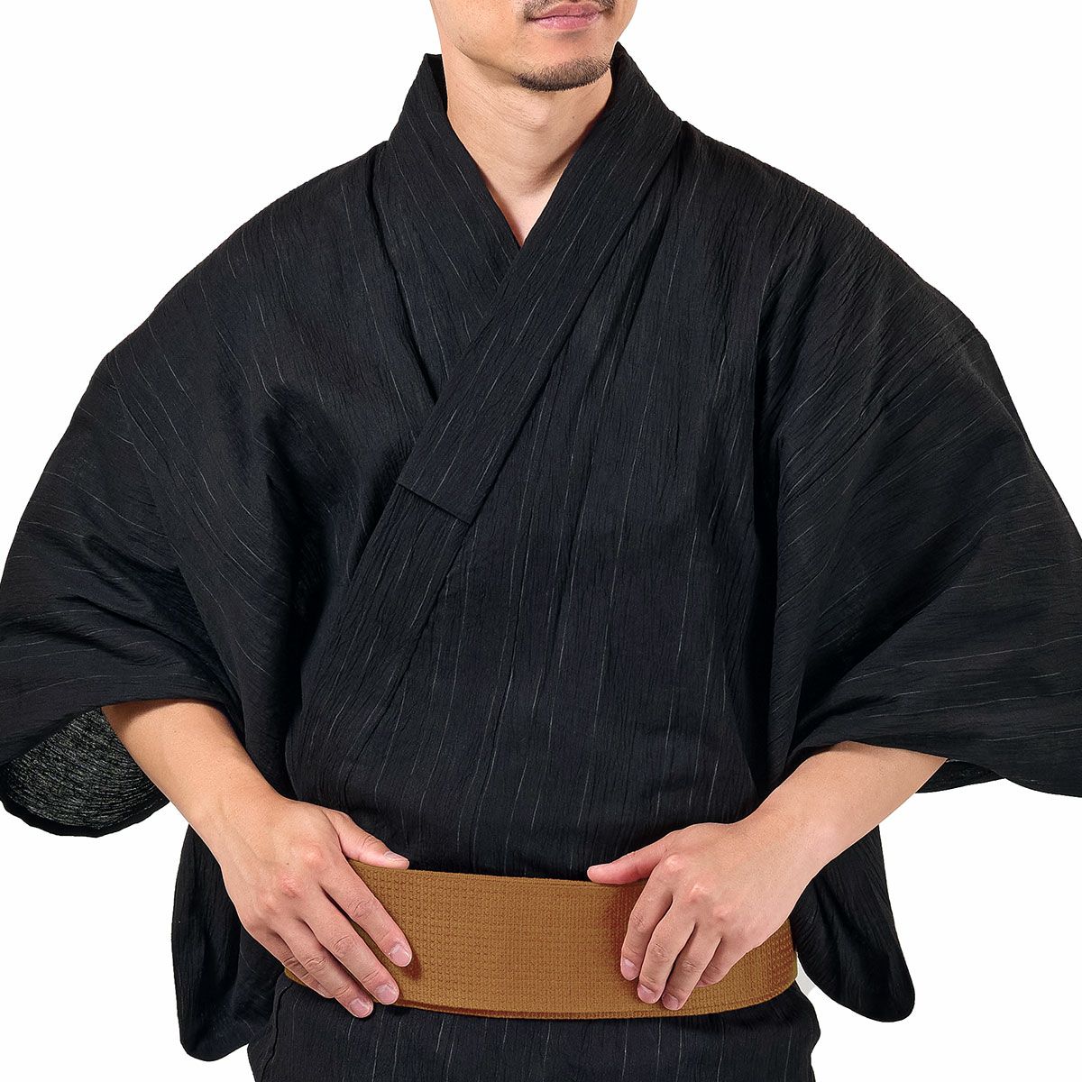 正統派の大人浴衣セット 近江ちぢみ 綿麻 かすれ縞 黒 165cm～185cm