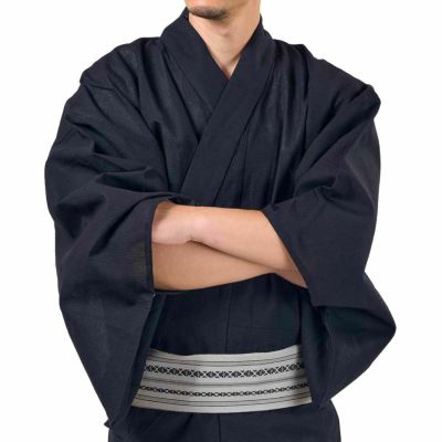初めての方はコレ!大きいサイズの浴衣セット しじら 綿麻 黒 3L～5L （浴衣+角帯+腰紐）