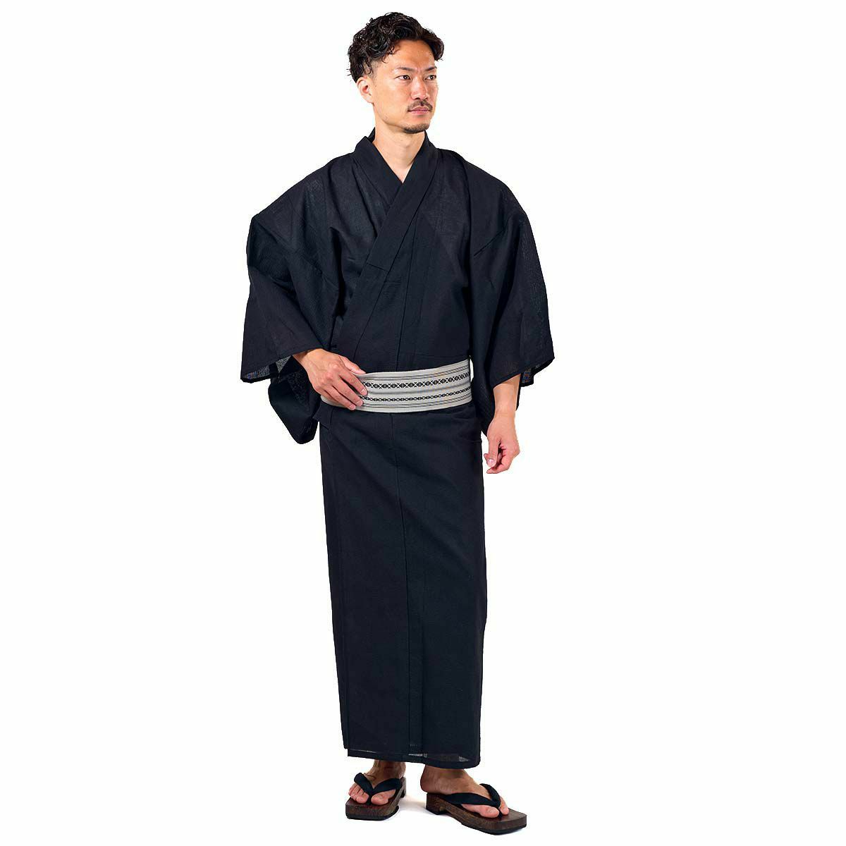 メンズ浴衣 しじら 綿麻 作り帯セット