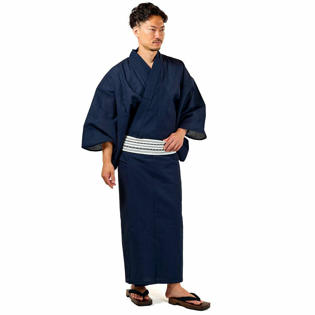 大きいメンズ浴衣 しじら 綿麻 作り帯セット