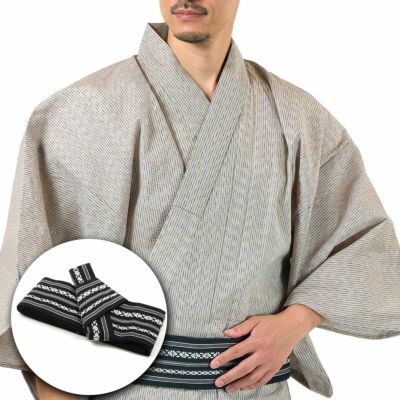 帯結びが苦手な方に!ワンタッチで留めれる作り帯浴衣セット しじら綿麻 オフワイト 3L～5L （浴衣+作り帯+腰紐）