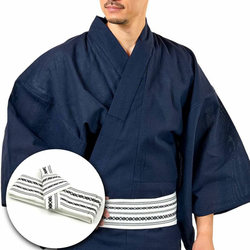 英語ガイドブック付き メンズ浴衣 しじら 綿麻 作り帯セット