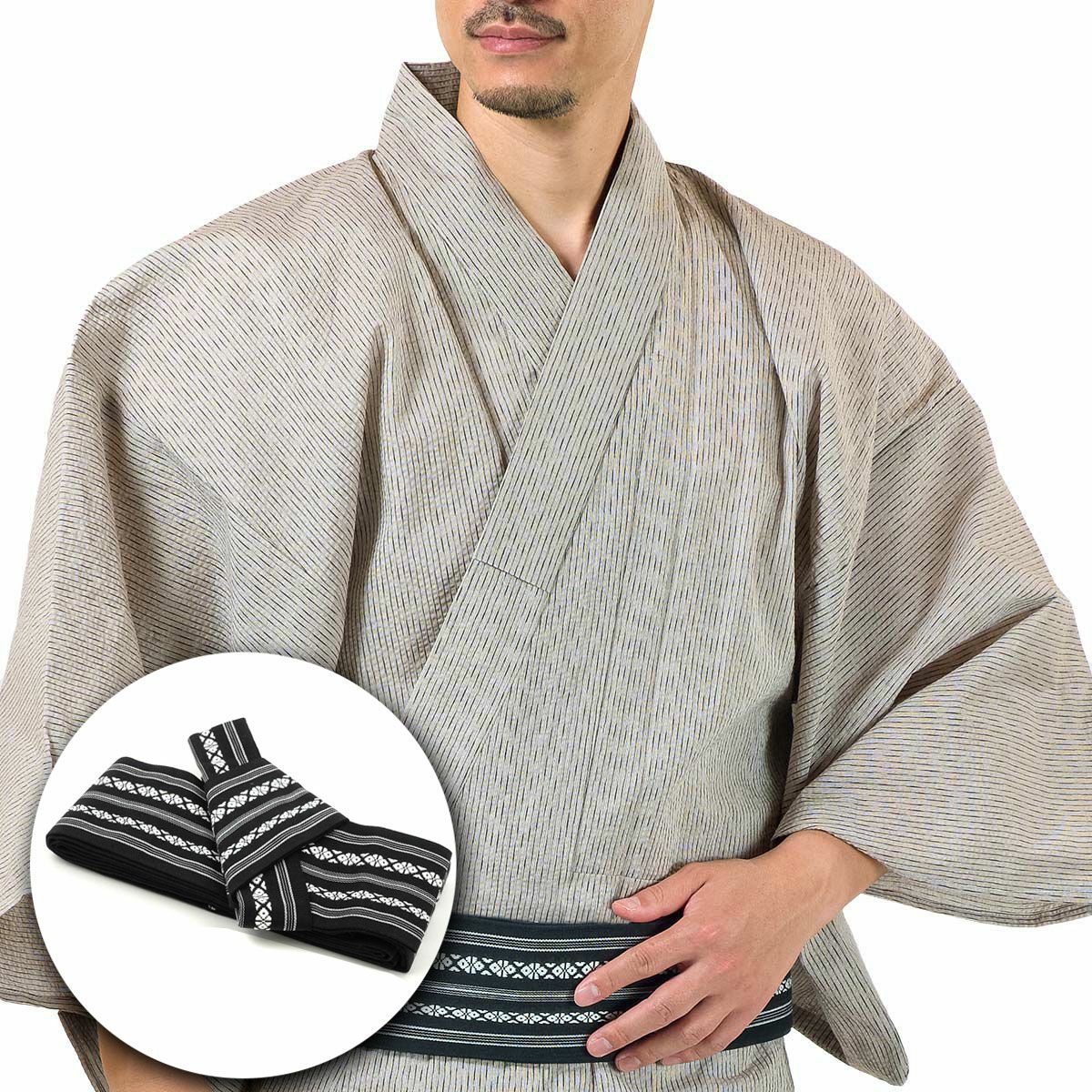 英語ガイドブック付き メンズ浴衣 しじら 綿麻 作り帯セット