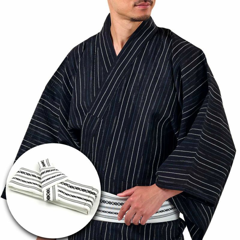 英語ガイドブック付き メンズ浴衣 しじら 綿麻 作り帯セット