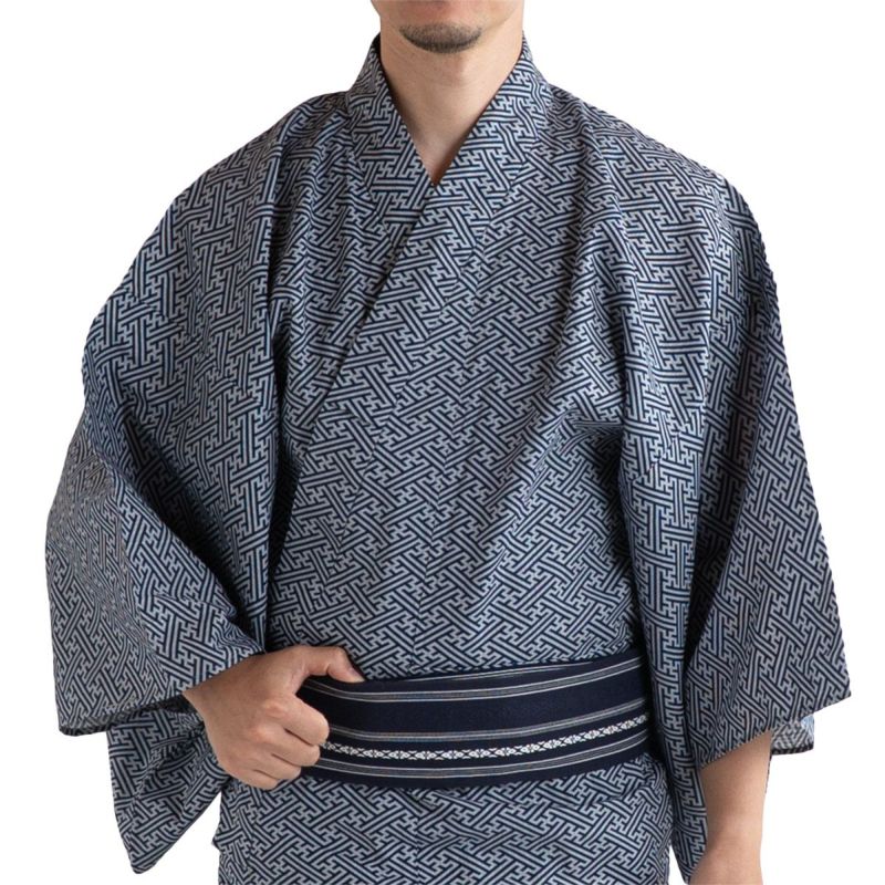 メンズ浴衣 滝流れ 綿 紗綾型 紺グレー