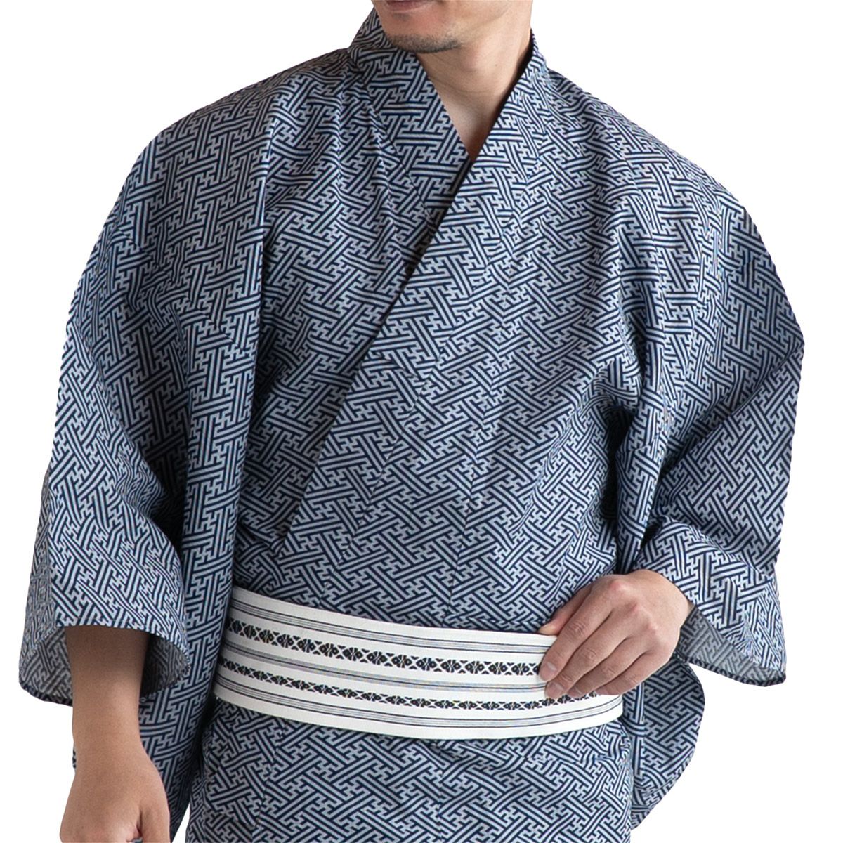メンズ浴衣 滝流れ 綿 紗綾型 紺グレー