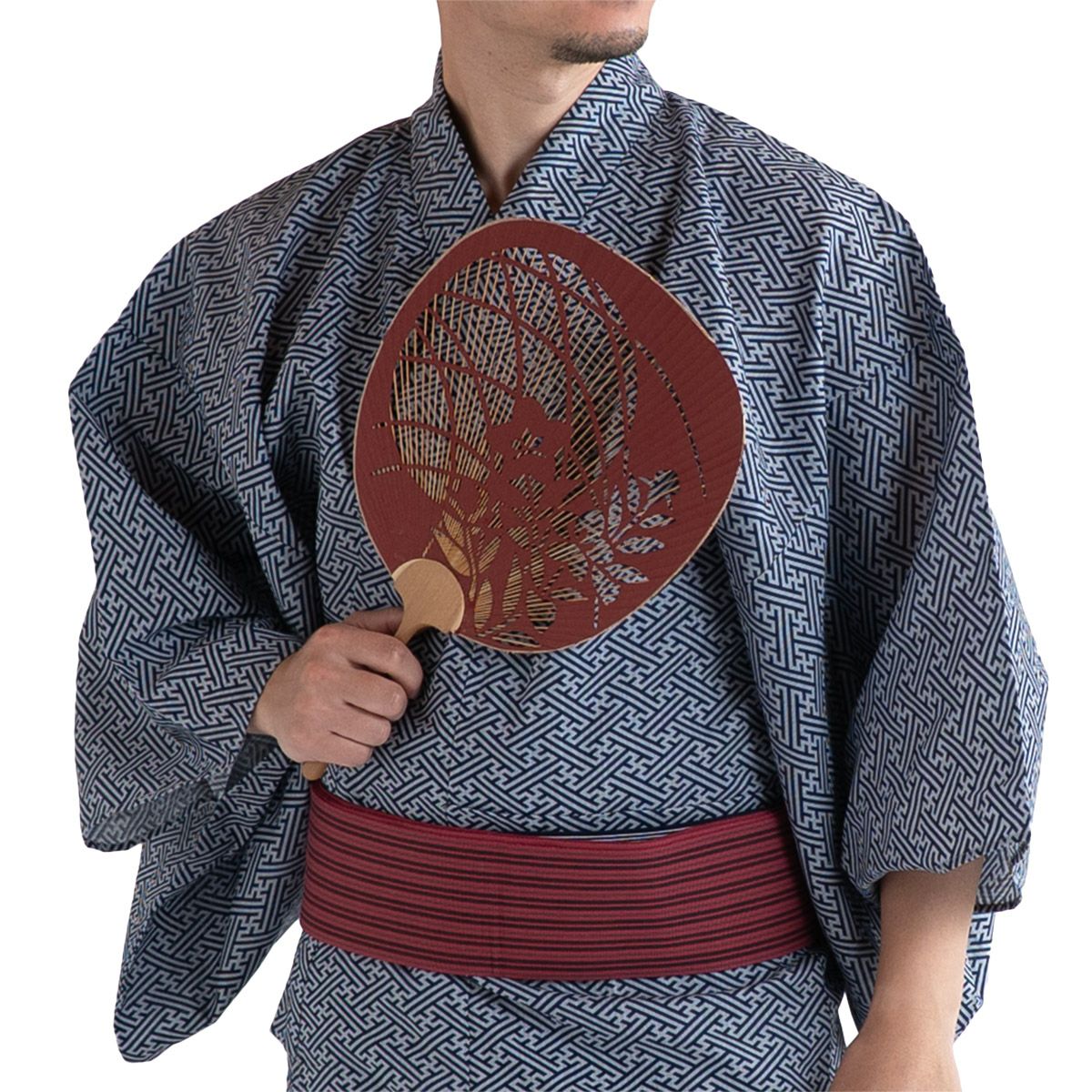 メンズ浴衣 滝流れ 綿 紗綾型 紺グレー