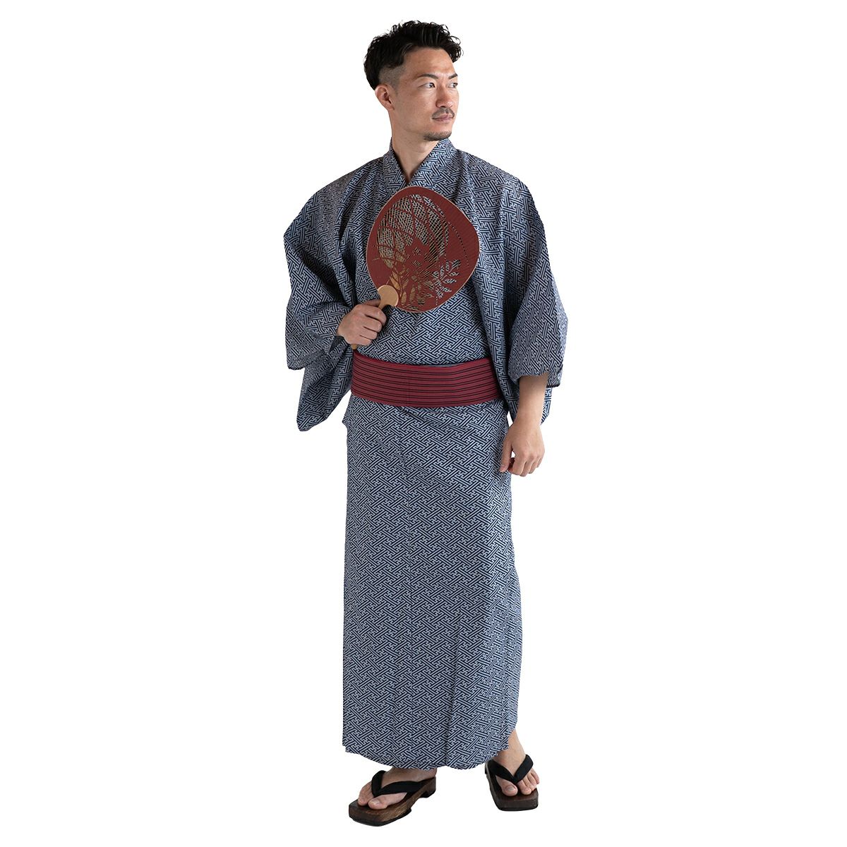 メンズ浴衣 滝流れ 綿 紗綾型 紺グレー