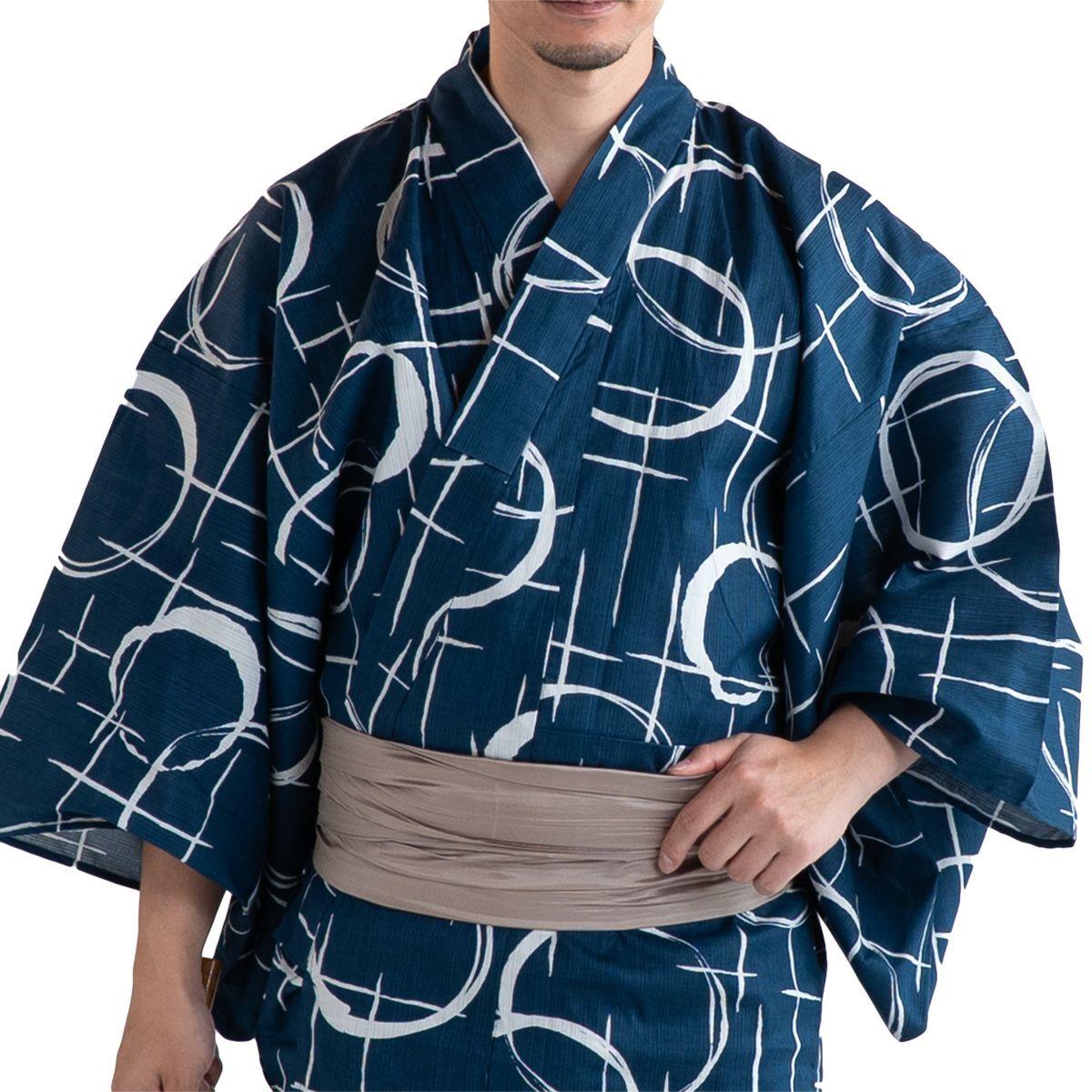 メンズ浴衣 滝流れ 綿 丸に十字 紺