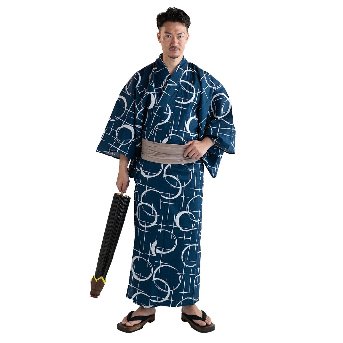 メンズ浴衣 滝流れ 綿 丸に十字 紺