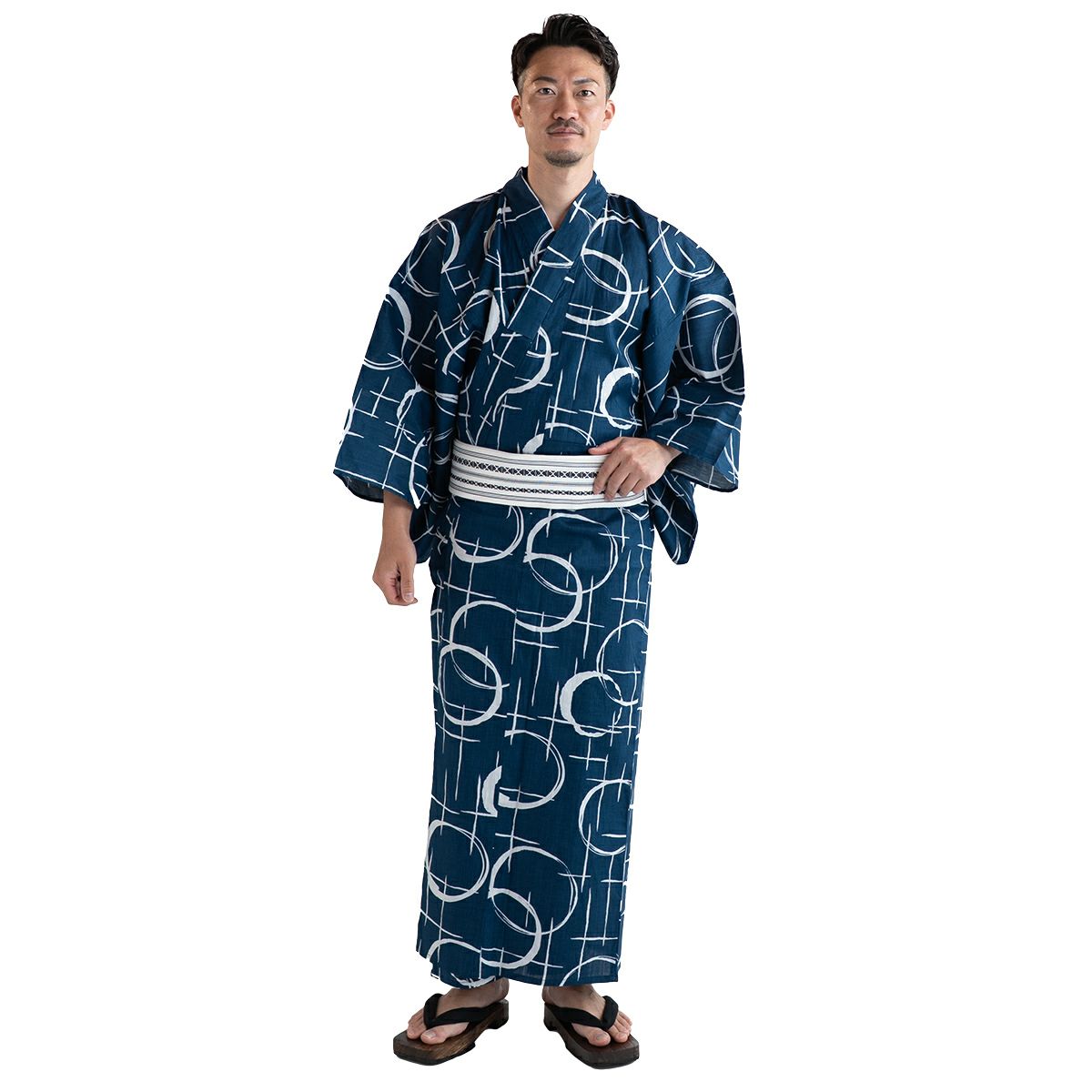 メンズ浴衣 滝流れ 綿 丸に十字 紺