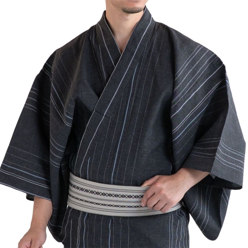 近江ちぢみ綿麻 濃グレー縞