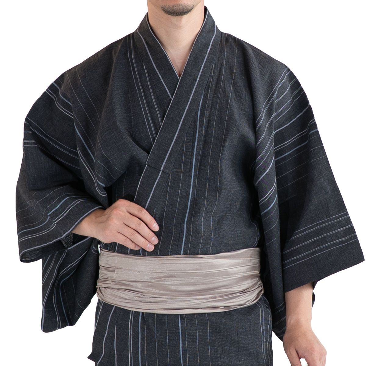 近江ちぢみ綿麻 濃グレー縞