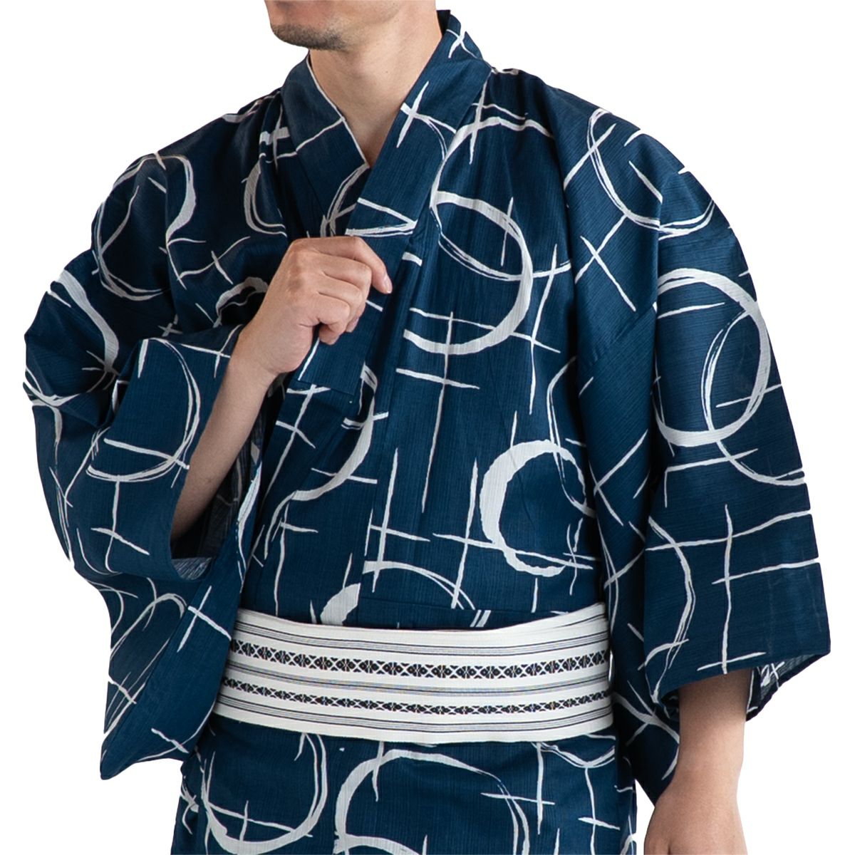 滝流れ 綿 丸に十字 紺 M～LL （浴衣+白角帯+腰紐）