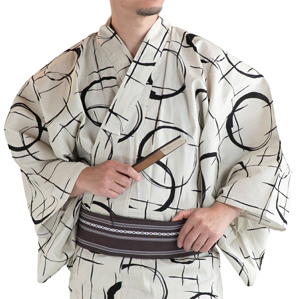 滝流れ 綿 丸に十字 ベージュ M～LL （浴衣+茶角帯+腰紐）