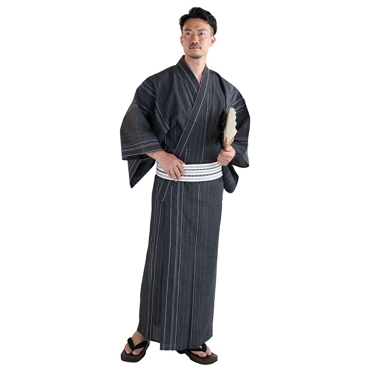 近江ちぢみ 綿麻 濃グレー縞 （浴衣+白角帯+男締め）