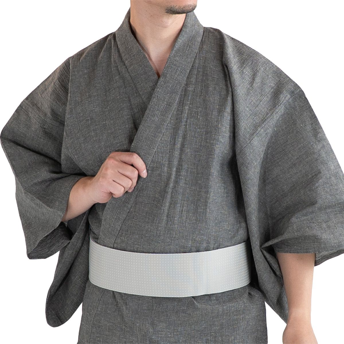 近江ちぢみ 綿麻 グレー無地 （浴衣+グレー角帯+男締め）