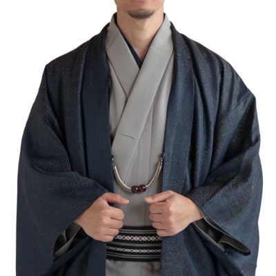 すぐに着られる男羽織 正絹 袷 紋意匠 濃紺 紗綾型ラメ L 173cm前後対応