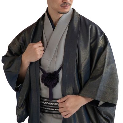 すぐに着られる男羽織 正絹 袷 紋意匠 黒 ラメ M 168cm前後対応