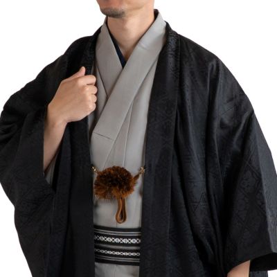 すぐに着られる男羽織 正絹 袷 紋意匠 黒 菱 LL 178cm前後対応
