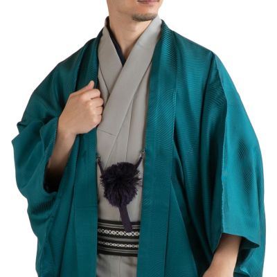 すぐに着られる男羽織 正絹 袷 紋意匠 緑 波 L 173cm前後対応