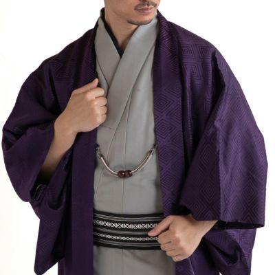 すぐに着られる男羽織 正絹 袷 紋意匠 紫 菱 M 168cm前後対応