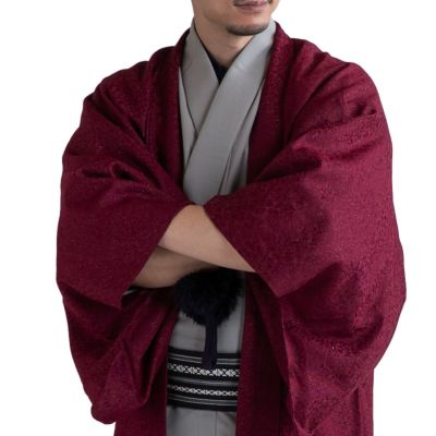 すぐに着られる男羽織 正絹 袷 紋意匠 赤紫 ラメ M 168cm前後対応