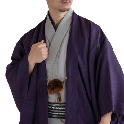 すぐに着られる男羽織 正絹 袷 紋意匠 紫 縞 LL 178cm前後対応