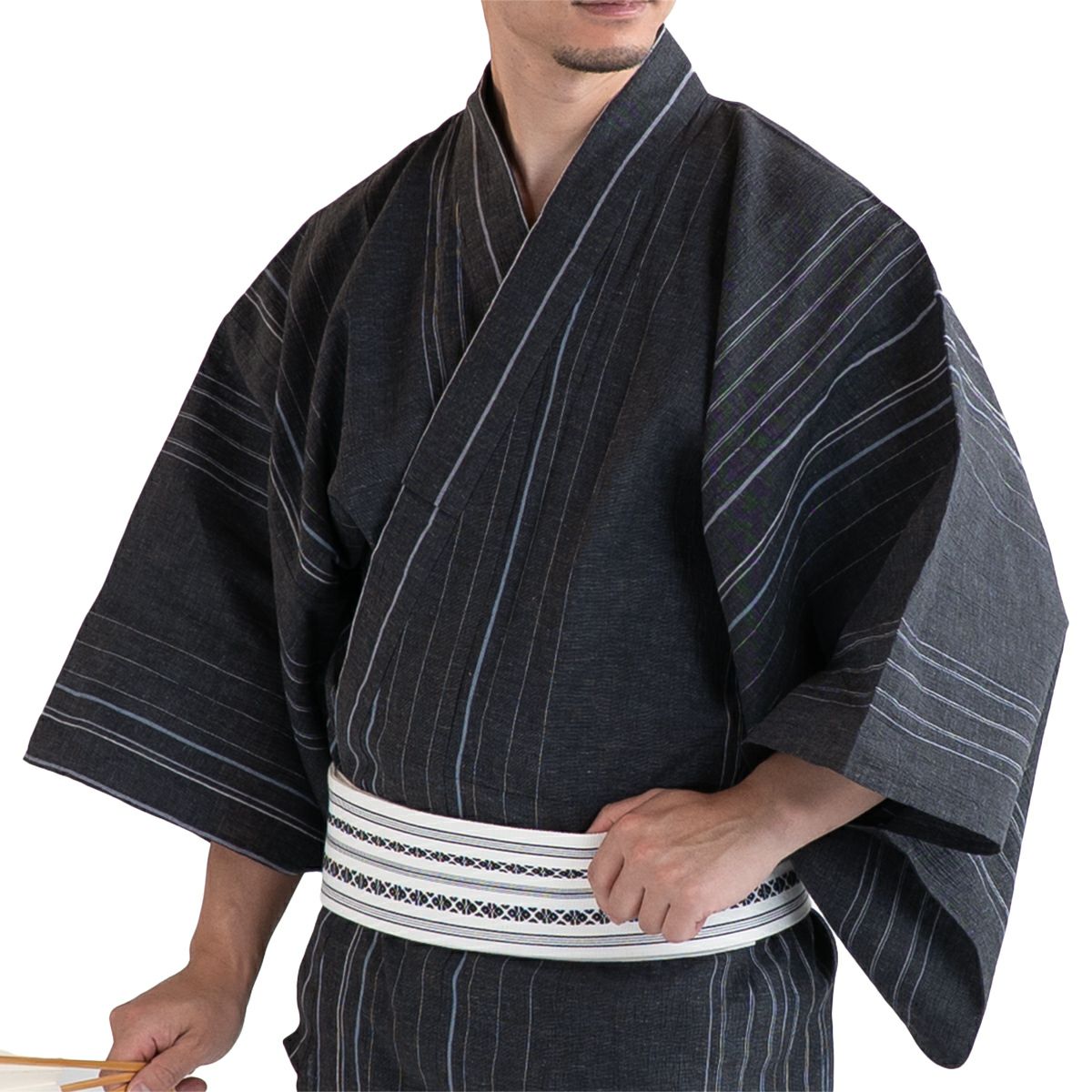 英語ガイドブック付き大人浴衣セット 近江ちぢみ 綿麻 濃グレー縞 （浴衣+白角帯+男締め）