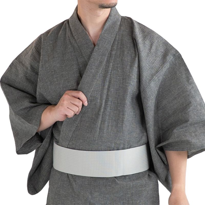 英語ガイドブック付き大人浴衣セット 近江ちぢみ 綿麻 グレー無地（浴衣+グレー角帯+男締め）