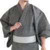 英語ガイドブック付き大人浴衣セット 近江ちぢみ 綿麻 グレー無地（浴衣+グレー角帯+男締め）
