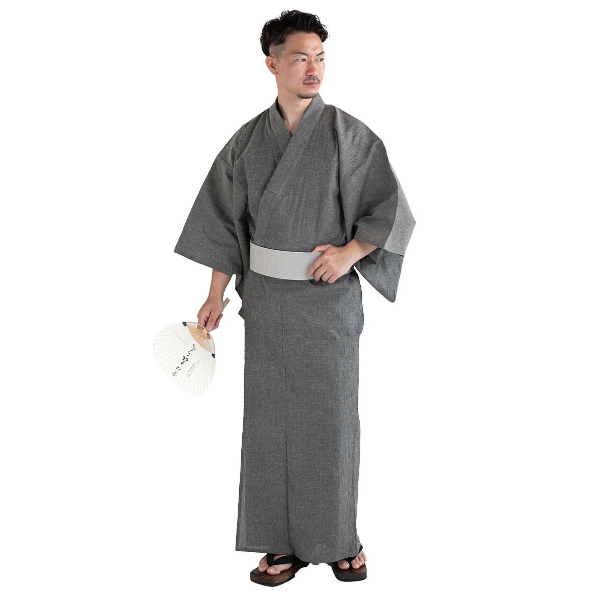 英語ガイドブック付き大人浴衣セット 近江ちぢみ 綿麻 グレー無地（浴衣+グレー角帯+男締め）