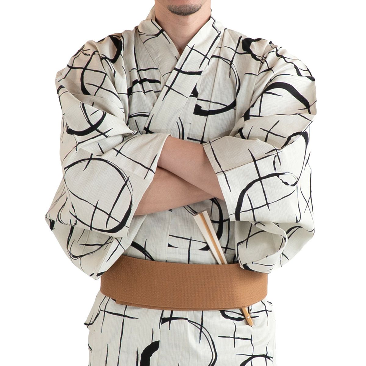 滝流れ 綿 丸に十字 ベージュ M～LL （浴衣+キャメル角帯+腰紐）