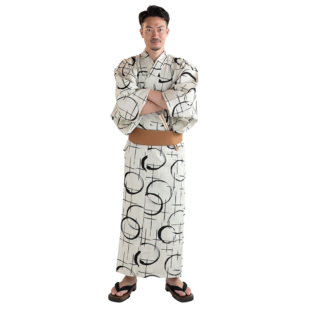 滝流れ 綿 丸に十字 ベージュ M～LL （浴衣+キャメル角帯+腰紐）