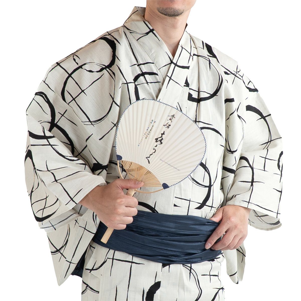 滝流れ 綿 丸に十字 ベージュ M～LL （浴衣+濃紺兵児帯+腰紐）