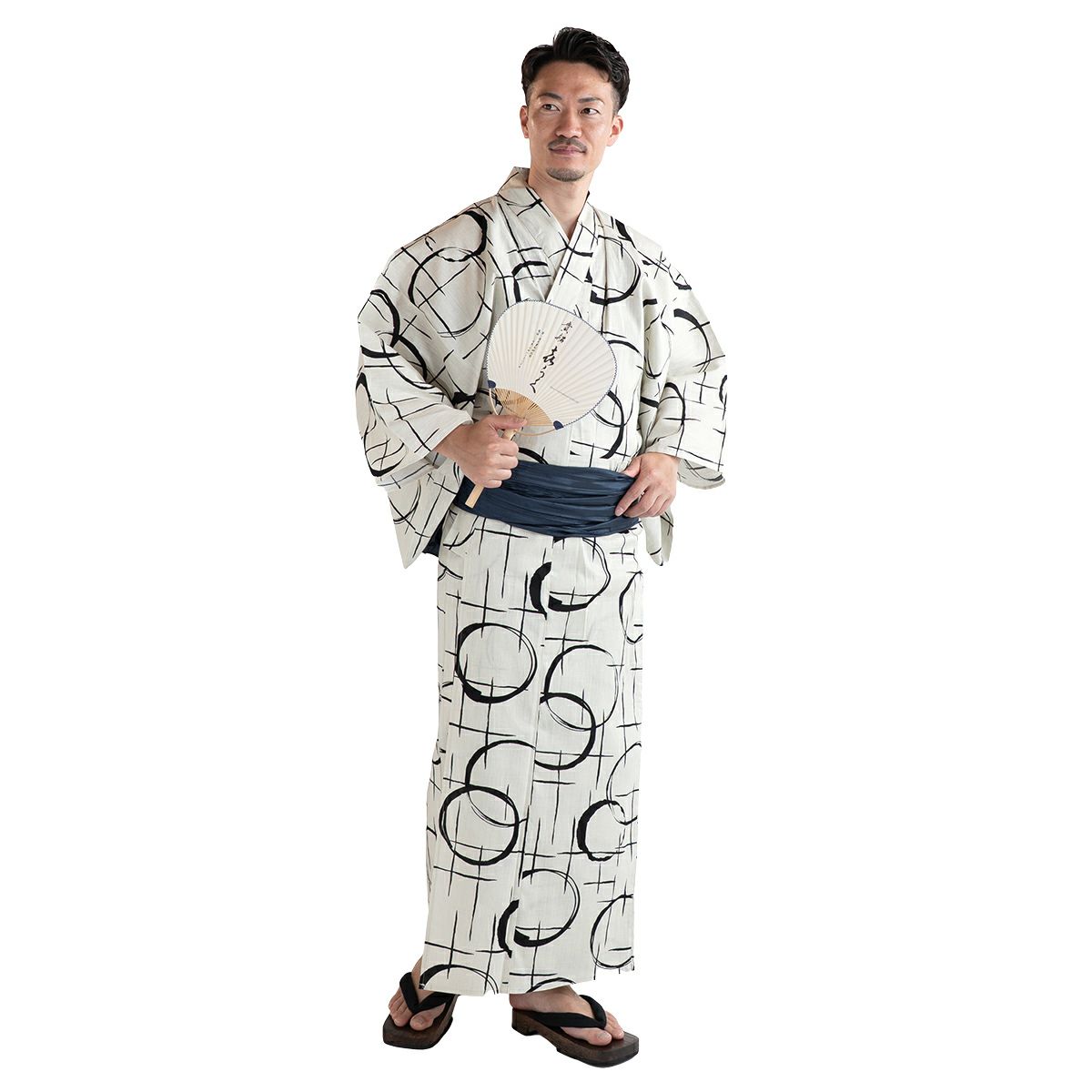 滝流れ 綿 丸に十字 ベージュ M～LL （浴衣+濃紺兵児帯+腰紐）