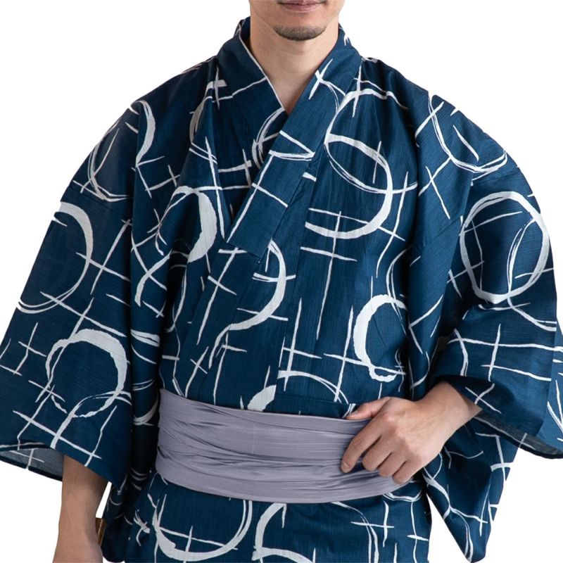 滝流れ 綿 丸に十字 紺 M～LL （浴衣+シルバー兵児帯+腰紐）